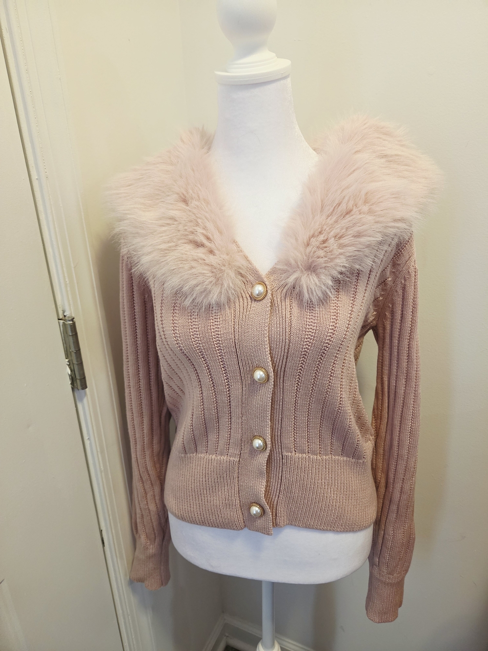 MOTF Blush Pink Knit Cardigan with Faux-Fur Collar